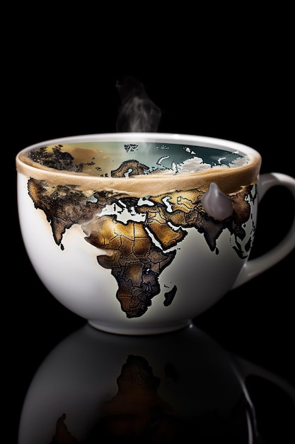 Una taza de café con un mapa del mundo