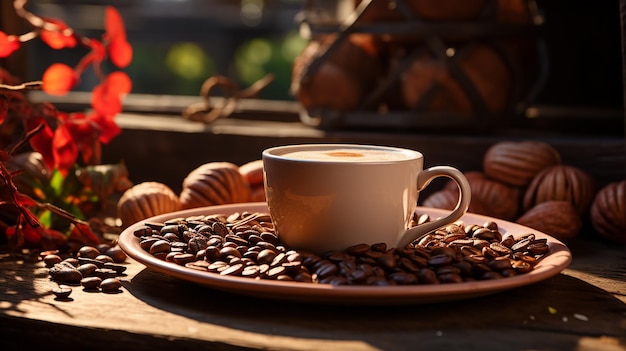 Taza de café y marco de frijoles en una mesa de madera contra un fondo de luz solar