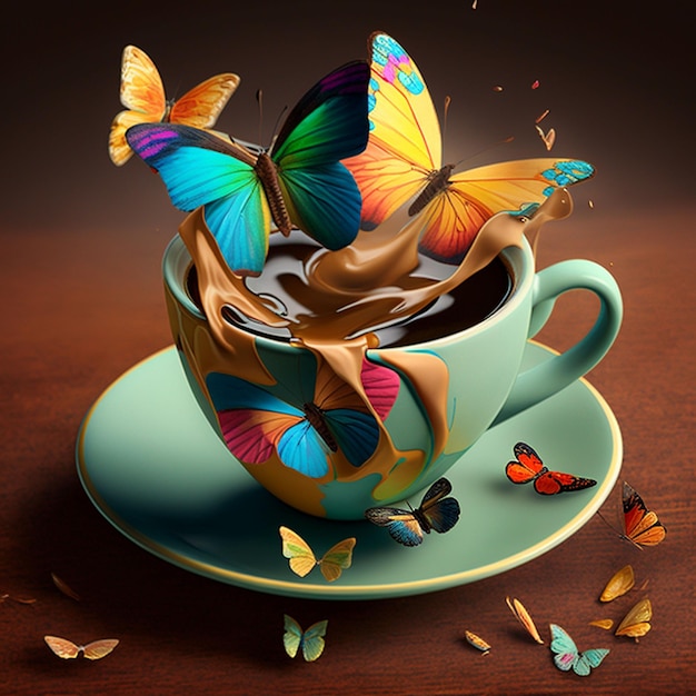 Una taza de café con mariposas y una mariposa colorida en la parte superior.