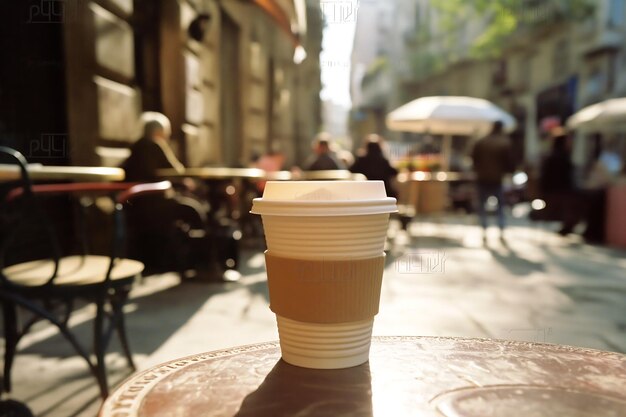 Foto taza de café en la mesa al aire libre en colores pastel escena de cafetería de acera de estilo retro vintage