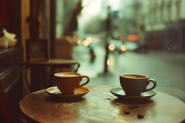 Taza de café en la mesa al aire libre en colores pastel escena de cafetería de acera de estilo retro vintage