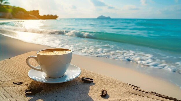 una taza de café en una mesa al lado de una playa