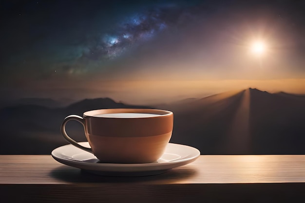 Una taza de café en una mesa con un atardecer de fondo