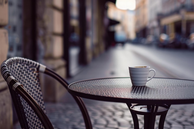 Una taza de café en una mesa en un café callejero
