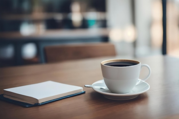 Una taza de café en una mesa en un café a la hora del almuerzo en el trabajo IA generativa