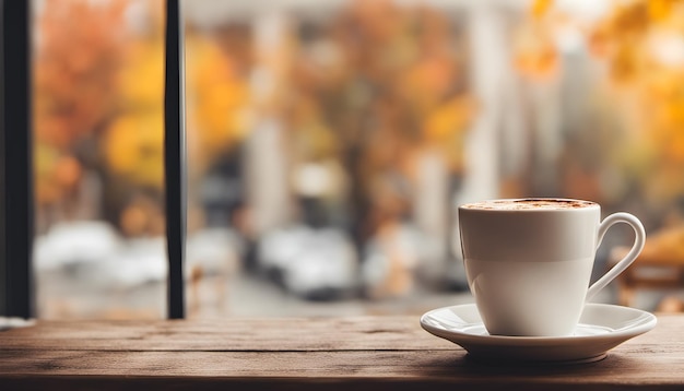 Taza de café en la mesa del café con ventana borrosa superior fondo de otoño Ai generado