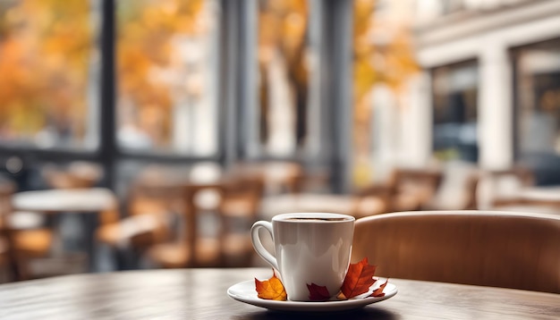 Taza de café en la mesa del café con ventana borrosa superior fondo de otoño Ai generado