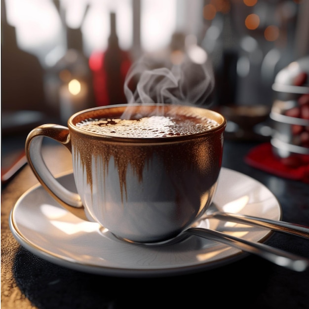 Taza de café en una mesa en una cafetería Bebida caliente