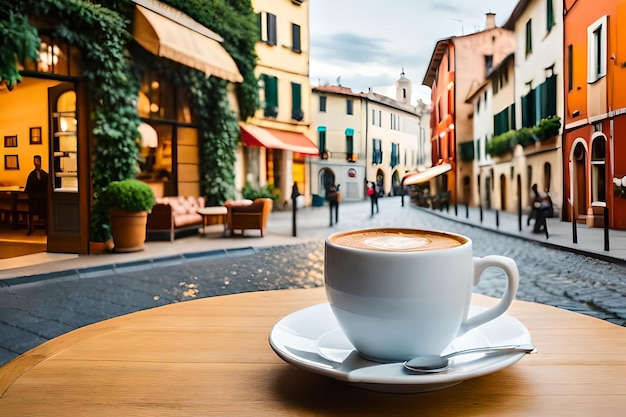 Foto una taza de café en una mesa en una calle con un fondo borroso.