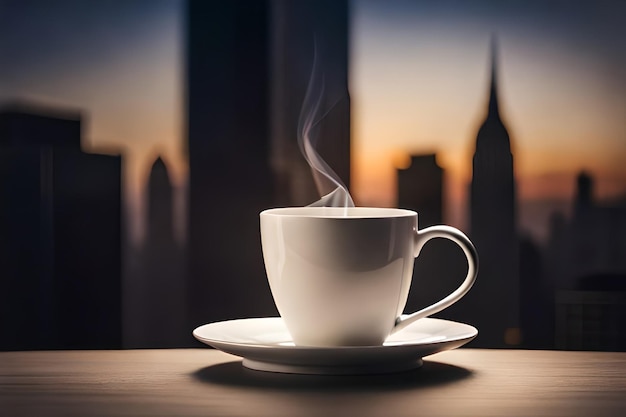 Una taza de café en una mesa con una ciudad al fondo.