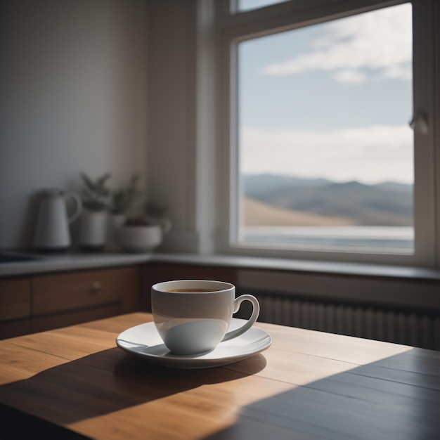 Taza de café en la mesa de la cocina