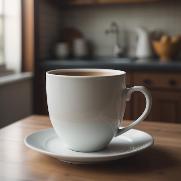 Taza de café en la mesa de la cocina