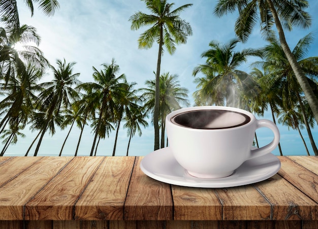 Foto taza de café en la mesa contra los árboles