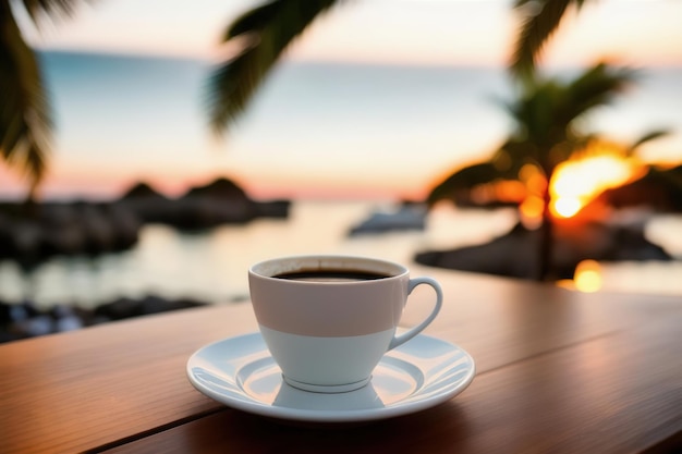 Taza con café en la mesa contra el fondo de palmeras IA generativa