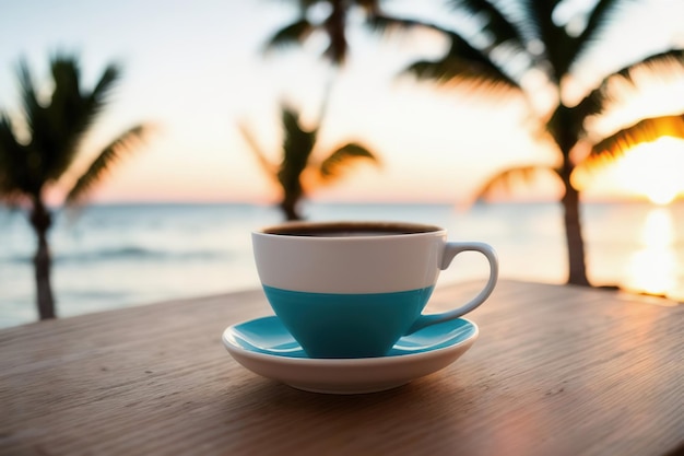 Foto taza con café en la mesa contra el fondo de palmeras ia generativa