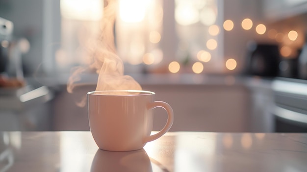 Taza de café en la mesa con fondo claro de bokeh