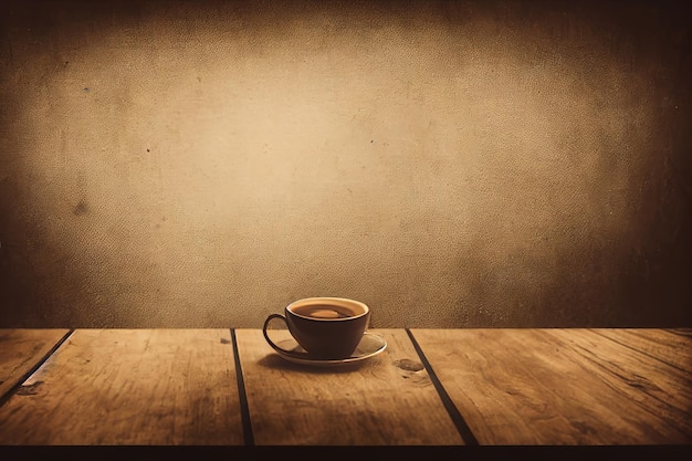 Una taza de café en una mesa de fondo marrón