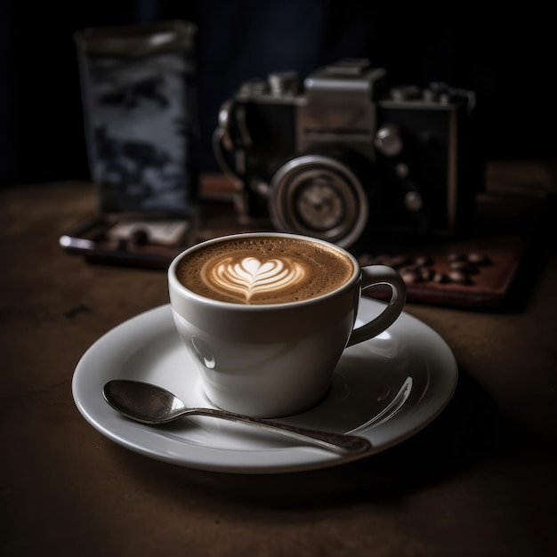 Taza de café en la mesa con fondo de restaurante y bonitas luces