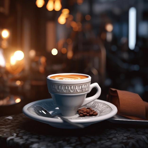 Taza de café en la mesa con fondo de restaurante y bonitas luces