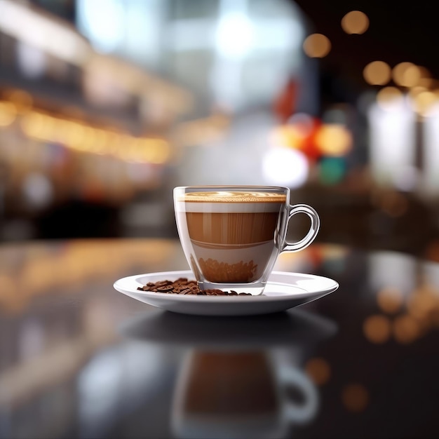 Taza de café en la mesa con fondo de restaurante y bonitas luces