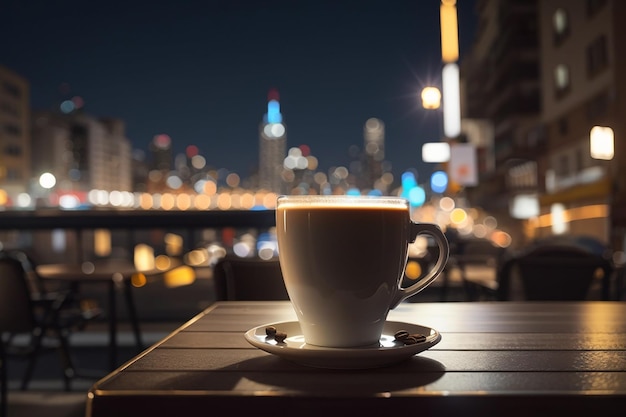 Una taza de café en una mesa frente a una calle con las luces de la ciudad al fondo