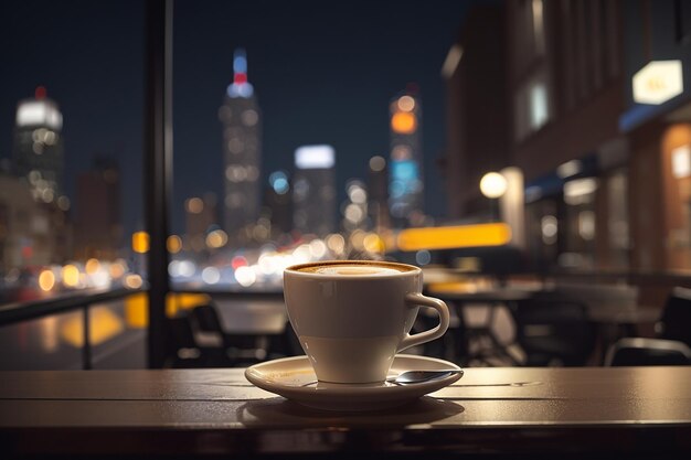 Una taza de café en una mesa frente a una calle con las luces de la ciudad al fondo