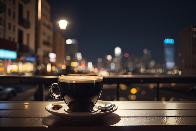 Una taza de café en una mesa frente a una calle con las luces de la ciudad al fondo