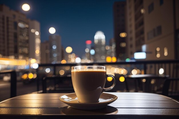 Una taza de café en una mesa frente a una calle con las luces de la ciudad al fondo