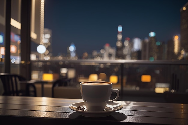 Una taza de café en una mesa frente a una calle con las luces de la ciudad al fondo