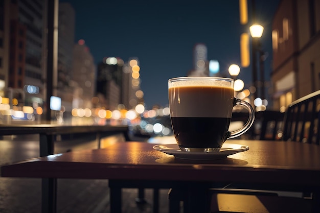 Una taza de café en una mesa frente a una calle con las luces de la ciudad al fondo