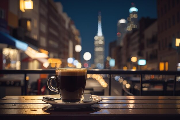 Una taza de café en una mesa frente a una calle con las luces de la ciudad al fondo