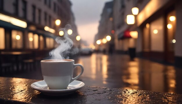 Una taza de café en una mesa frente a una calle con las luces de la ciudad en el fondo