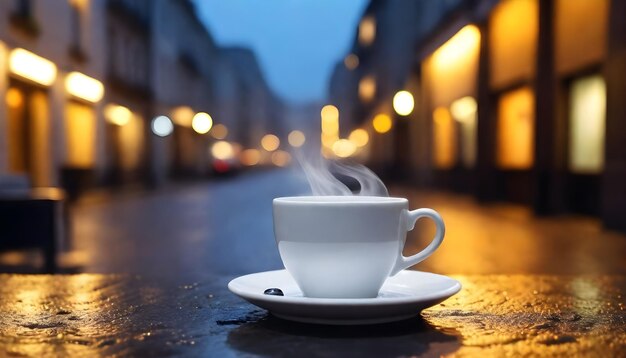 Una taza de café en una mesa frente a una calle con las luces de la ciudad en el fondo