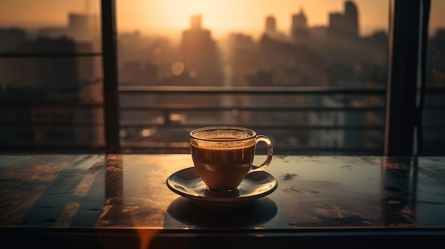 Taza de café en la mesa frente a la ciudad viewgenerative ai