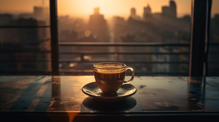 Taza de café en la mesa frente a la ciudad viewgenerative ai