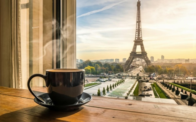 Foto una taza de café en una mesa y una gran ventana con vista a la torre eifeel