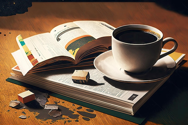 Taza de café en la mesa junto al collage de papel de arte de libros creado con ai generativo