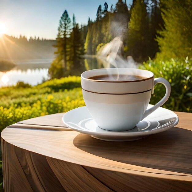 una taza de café en una mesa con un lago al fondo