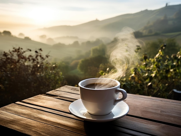 Una taza de café en una mesa de madera al lado de un campo de hierba verde natural al amanecer