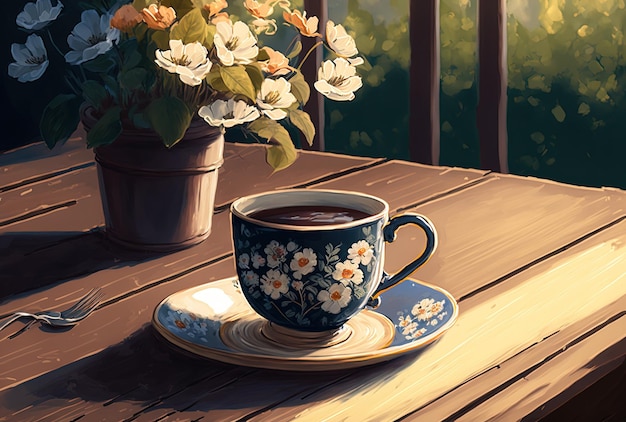 Una taza de café en una mesa de madera antigua con flores frescas en primavera