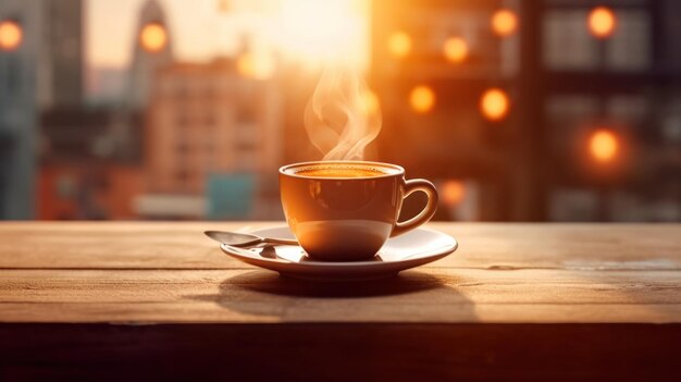 Taza de café en la mesa de madera en la cafetería con fondo borroso