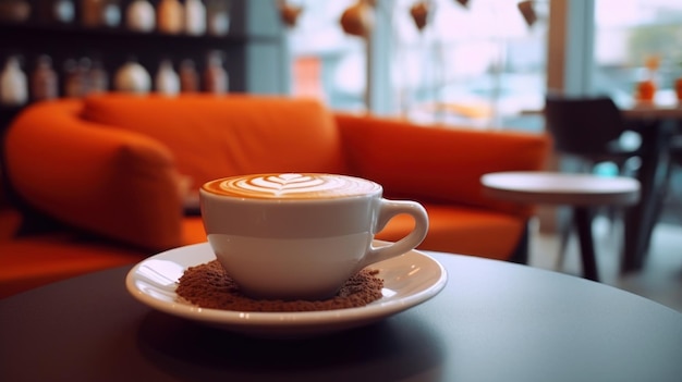 Taza de café en la mesa de madera en la cafetería con fondo borroso