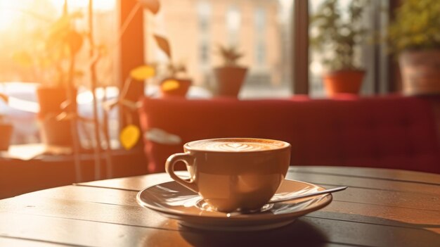 Taza de café en la mesa de madera en la cafetería con fondo borroso
