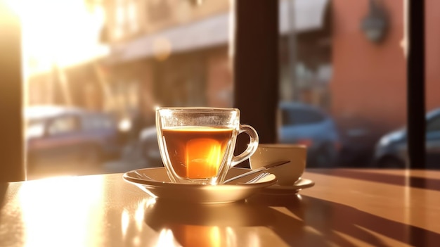 Taza de café en la mesa de madera en la cafetería con fondo borroso