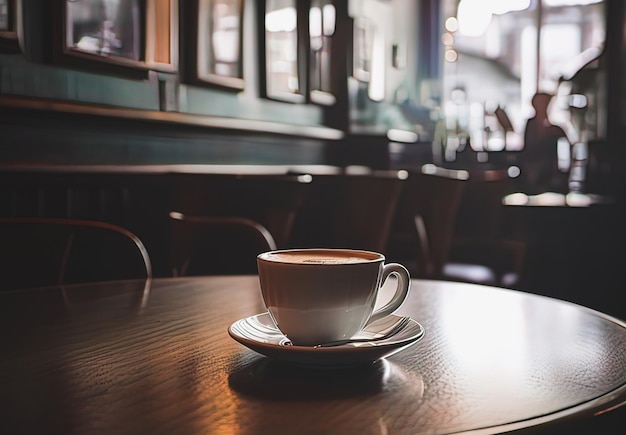 Taza de café en la mesa de madera en la cafetería.