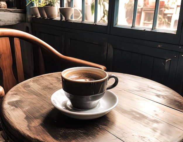 Taza de café en la mesa de madera en la cafetería.