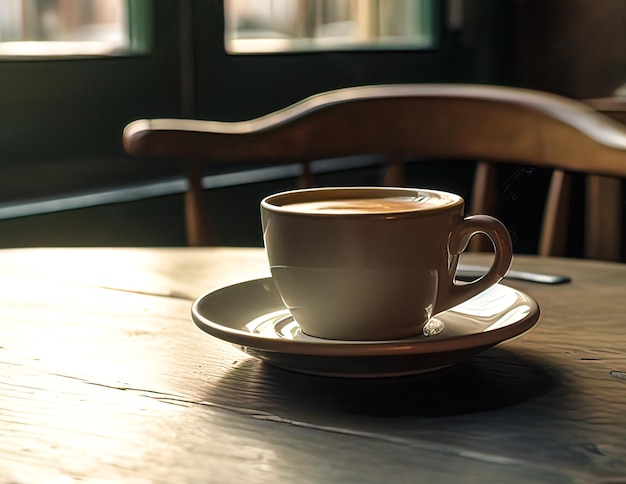 Taza de café en la mesa de madera en la cafetería.