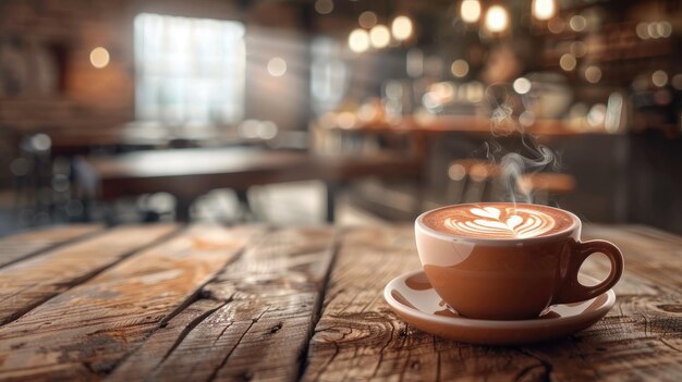 una taza de café en una mesa de madera con un fondo borroso de luces