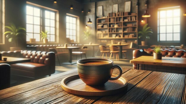 Taza de café en una mesa de madera con fondo de cafetería