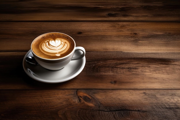 Taza de café en mesa de madera con grano de madera y textura marrón oscuro fondo de pared de madera de alta calidad